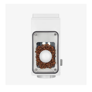 This is the electric grinder Ode Gen 2 in the colour white, in the image is possible to see coffee beans placed inside the electric grinder.