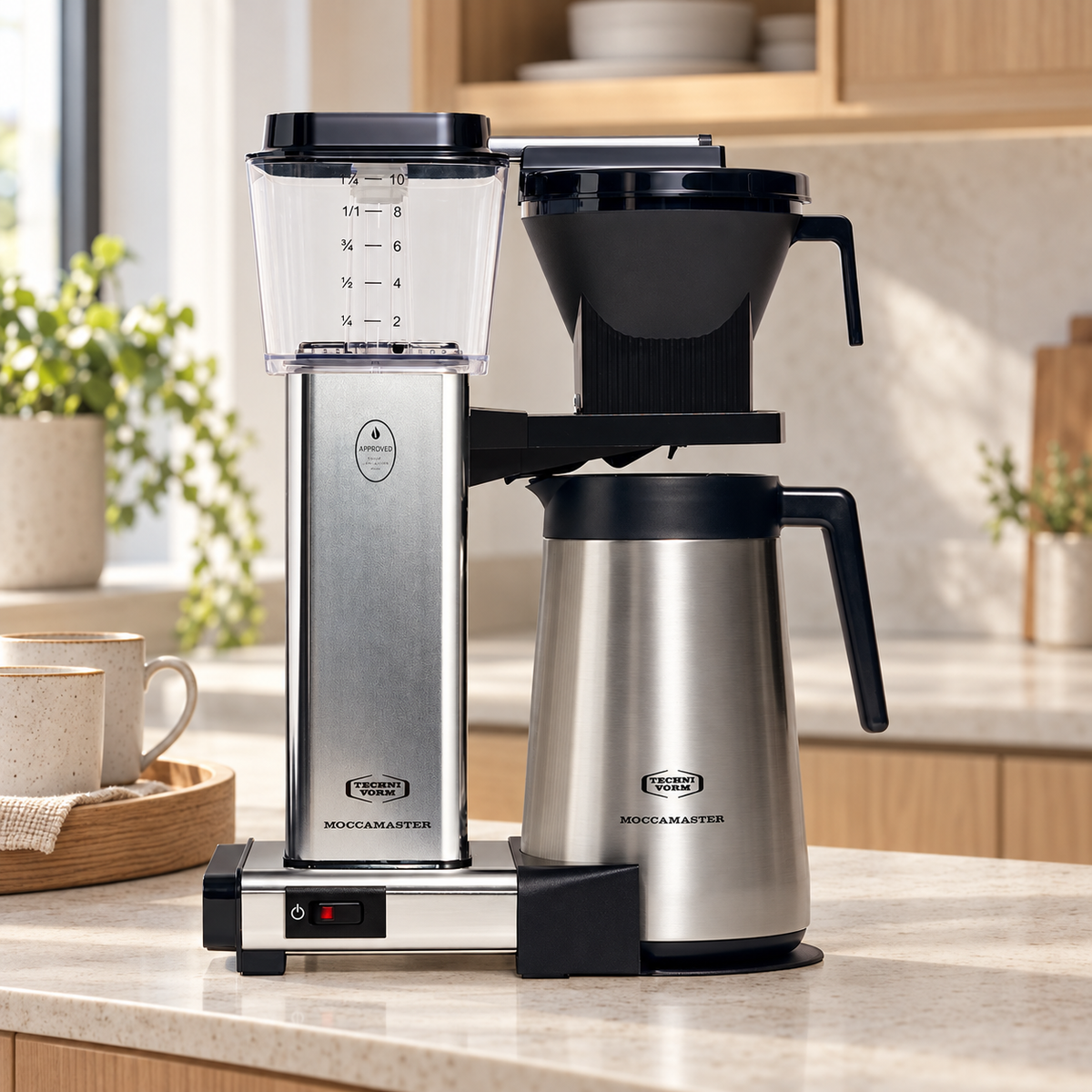 Moccamaster Auto Thermo PS on a pale stone coffee counter