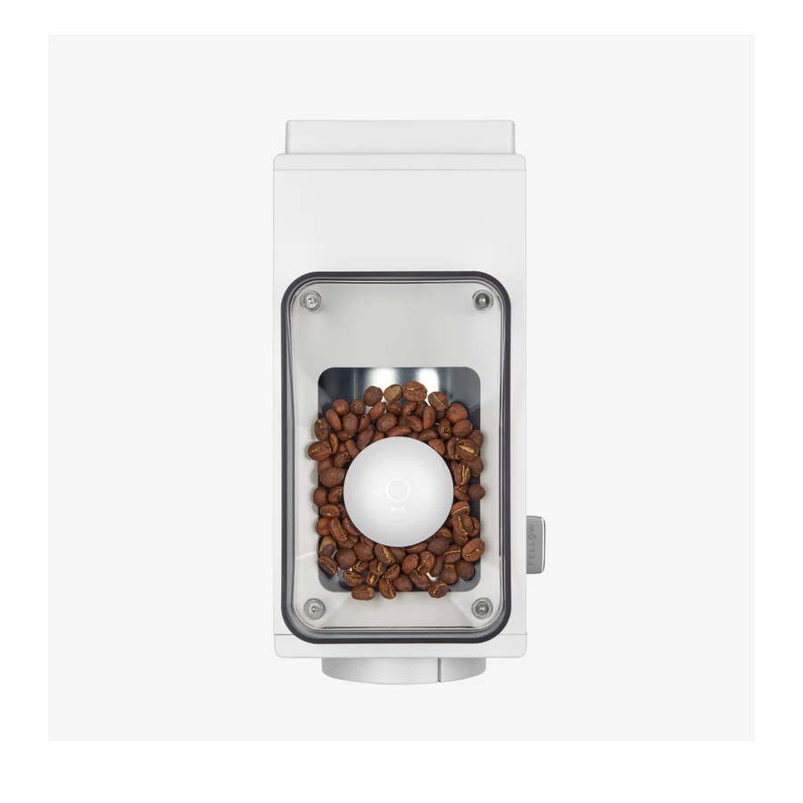 This is the electric grinder Ode Gen 2 in the colour white, in the image is possible to see coffee beans placed inside the electric grinder. 