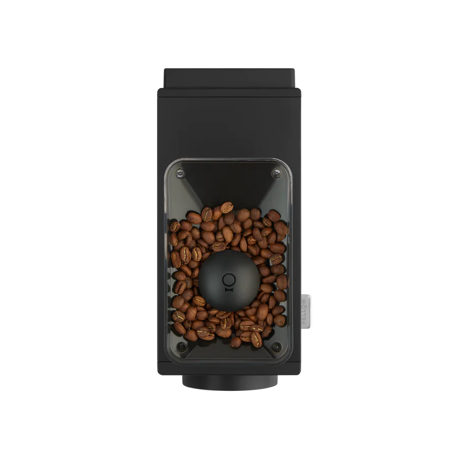 This is the electric grinder Ode Gen 2 in the colour black, in the image is possible to see coffee beans placed inside the electric grinder.